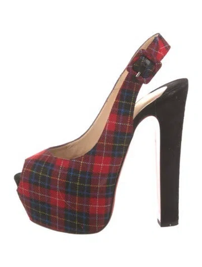 Pre-owned Christian Louboutin Plaid Print Slingback Pumps In Red