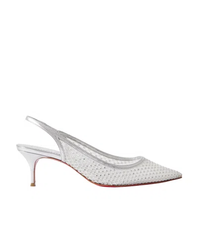 Christian Louboutin Sporty Kate 55 Crystal-embellished Leather-trimmed Mesh Slingback Pumps In White