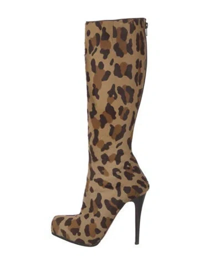 Pre-owned Christian Louboutin Ponyhair Animal Print Boots In Brown