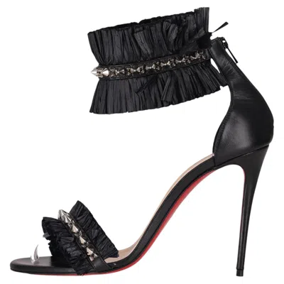 Pre-owned Christian Louboutin Poupedou 100 Lambskin Leather Sandals With Raffia Fringe In Black