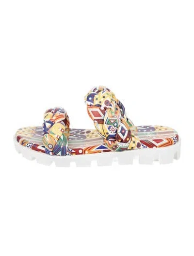 Pre-owned Christian Louboutin Printed Braided Accents Slides In Yellow