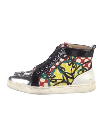 Pre-owned Christian Louboutin Printed Leather Trim Embellishment Sneakers In Black