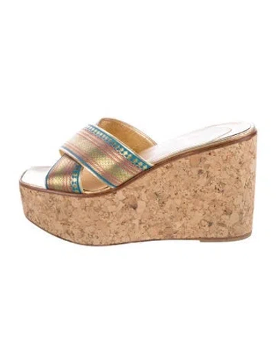 Pre-owned Christian Louboutin Printed Slides In Gold