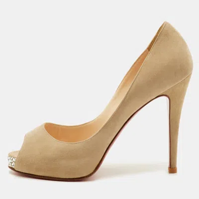 Pre-owned Christian Louboutin Prive Size 39 Beige Suede Crystal Platform Peep Toe Pumps In Sand