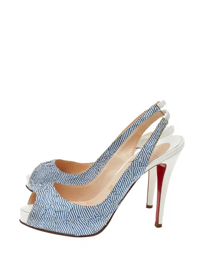Pre-owned Christian Louboutin Privé Striped Open-toe Heeled Pumps In White