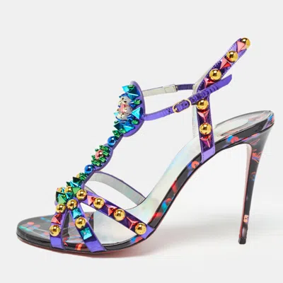 Pre-owned Christian Louboutin Purple Patent Leather Studded Goldora Sandals Size 40.5