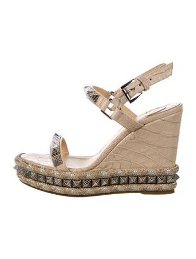 Pre-owned Christian Louboutin Pyraclou 110 Embossed Leather Espadrilles In Neutral