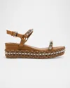 Christian Louboutin Pyraclou Leather Spike Red Sole Wedge Sandals In Terra