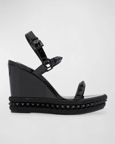 Christian Louboutin Pyraclou 110 Studded Velvet And Leather Wedge Sandals In Black