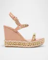 CHRISTIAN LOUBOUTIN PYRACLOU METALLIC SPIKE RED SOLE WEDGE SANDALS