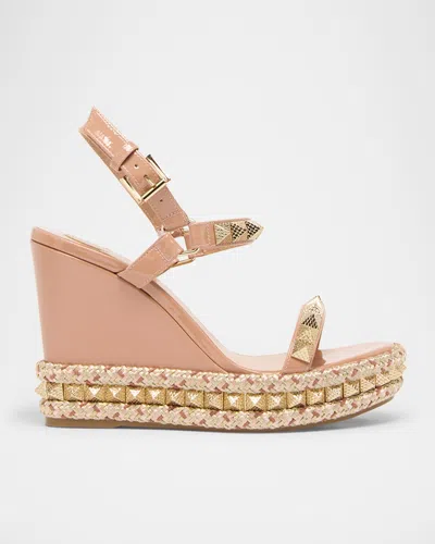 Christian Louboutin Pyraclou Metallic Spike Red Sole Wedge Sandals In Blush