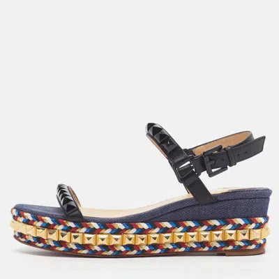 Pre-owned Christian Louboutin Pyraclou Size 36 Multicolor Denim And Leather Studded Ankle Strap Platform Sandals