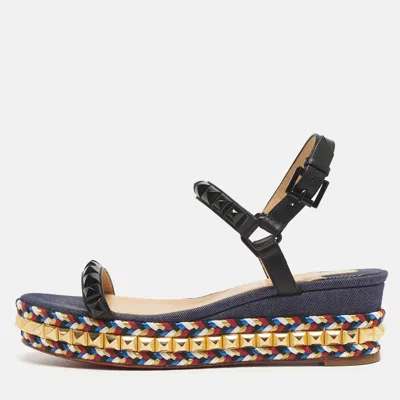 Pre-owned Christian Louboutin Pyraclou Size 38 Black/blue Denim And Leather Platform Sandals