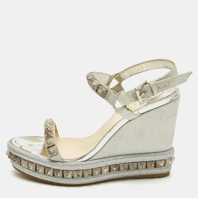 Pre-owned Christian Louboutin Pyraclou Size 38 Silver Glitter And Leather Wedge Sandals