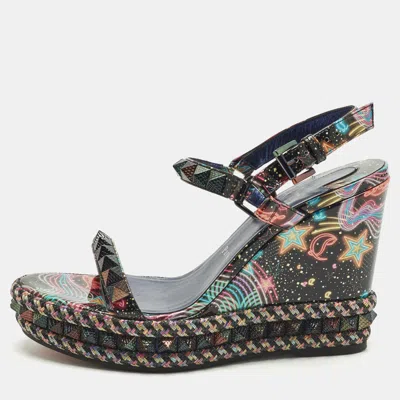 Pre-owned Christian Louboutin Pyraclou Size 40 Multicolor Patent Leather Wedge Sandals
