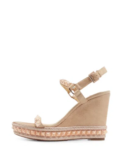 Pre-owned Christian Louboutin Pyraclou Suede Wedge Sandals In Neutral