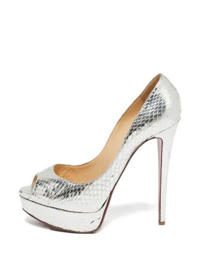Pre-owned Christian Louboutin Python-embossed Leather Peep Toe Pumps In Silver