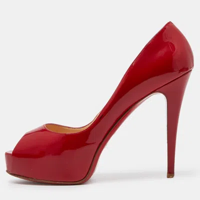 Pre-owned Christian Louboutin Red Patent Leather Lady Page Platform Peep Toe Pumps Size 41.5