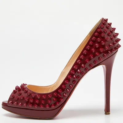 Pre-owned Christian Louboutin Red Patent Leather Yolanda Spiked Peep-toe Pumps Size 37.5