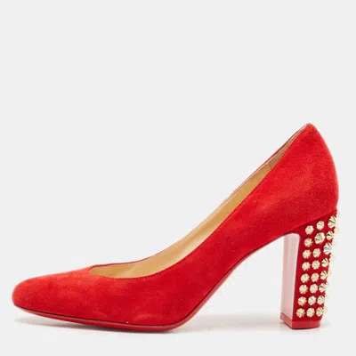 Pre-owned Christian Louboutin Red Suede Spiked Block Heels Pumps Size 38.5