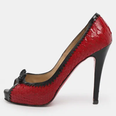 Pre-owned Christian Louboutin Red/black Python Leather Bow Very Prive Peep-toe Pumps Size 36.5