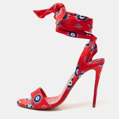 Pre-owned Christian Louboutin Red/blue Evil Eye Satin Sandale Du Desert Sandals Size 37
