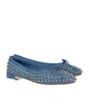 Christian Louboutin Sweetie Jane Spikes Denim Red Sole Flats In Blue