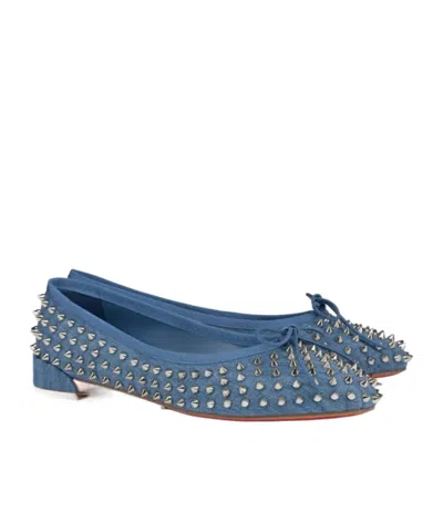 Christian Louboutin Sweetie Jane Spikes Denim Red Sole Flats In Bluesvlinjeans