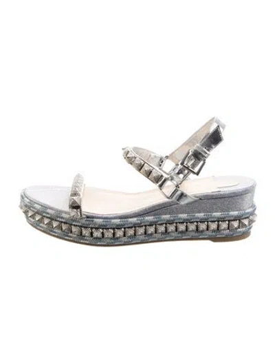 Pre-owned Christian Louboutin Rockstud Accents Glitter Espadrilles In Silver