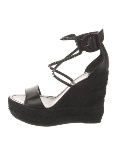 Pre-owned Christian Louboutin Rockstud Accents Leather Espadrilles In Black