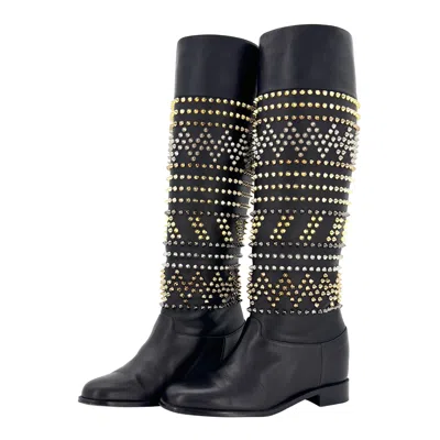Pre-owned Christian Louboutin Rom Chic Flat Calf Spike Knee High Boots Women's 37 Shoes In Black