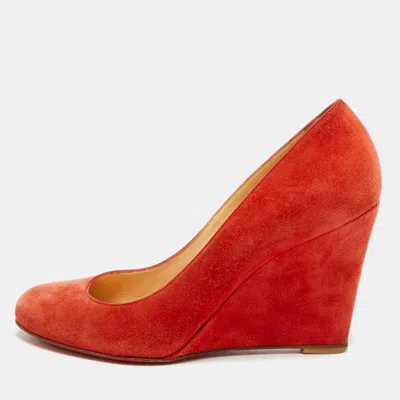 Pre-owned Christian Louboutin Ron Ron Zeppa Size 38.5 Orange Suede Wedge Pumps