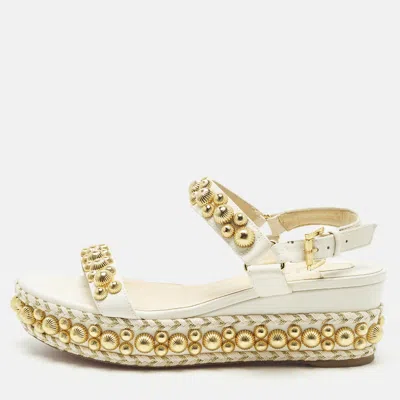 Pre-owned Christian Louboutin Ronda Clou Size 37 Cream Leather Platform Sandals In White