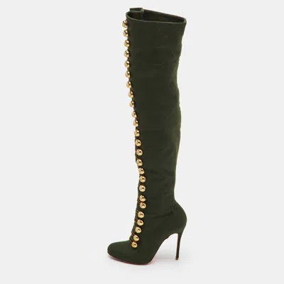 Pre-owned Christian Louboutin Ronfifi Supra Size 37 Green Flannel Fabric Over The Knee Boots