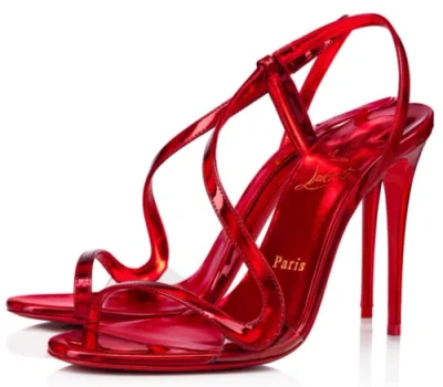 Pre-owned Christian Louboutin Rosalie 100 Red Patent Pvc Ankle Strap Sandal Heel Pump 38.5