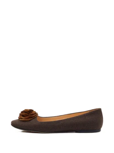 Pre-owned Christian Louboutin Rosanna Floral-detail Ballet Flats In Brown