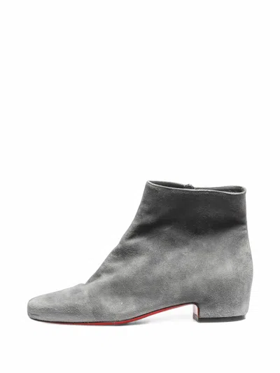 Pre-owned Christian Louboutin Round-toe Zip-up Ankle Boots In Grey