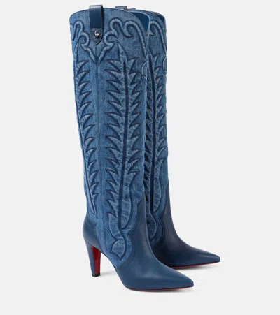 Christian Louboutin Santia Botta Denim And Leather Knee-high Boots In Blue