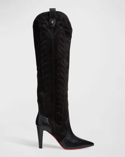 CHRISTIAN LOUBOUTIN SANTIA BOTTA MIXED LEATHER RED SOLE BOOTS