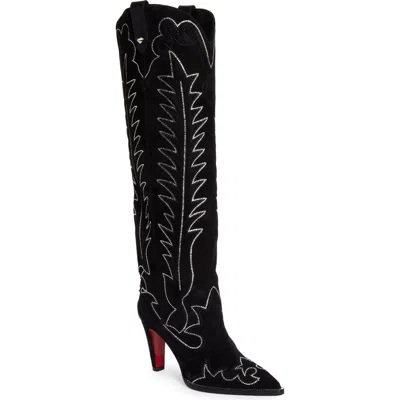 Christian Louboutin Santia Crystal Beaded Knee High Western Boot In Black/ Bk Luc