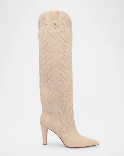Christian Louboutin Santia Suede Knee-high Red Sole Western Boots In Neutral