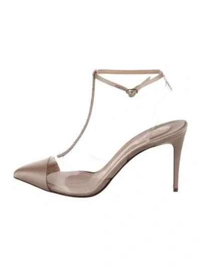 Pre-owned Christian Louboutin Satin Crystal Embellishments T-strap Pumps In Neutral