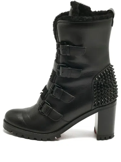 Pre-owned Christian Louboutin Shearling Buckled Ankle Boots In Black