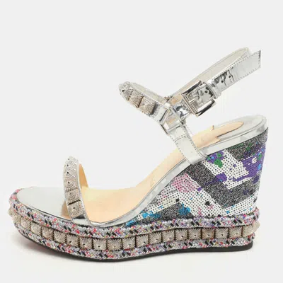 Pre-owned Christian Louboutin Silver Foil Leather Studded Cataclou Espadrille Wedge Sandals 38