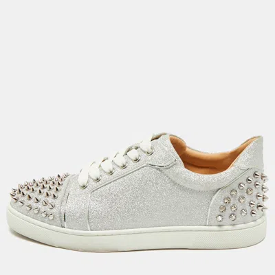 Pre-owned Christian Louboutin Silver Glitter And Leather Louis Junior Spikes Low Top Sneakers Size 39
