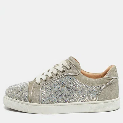 Pre-owned Christian Louboutin Silver Glitter Crystal Embellished Vieira 2 Lace Up Sneakers Size 36.5