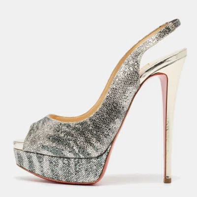 Pre-owned Christian Louboutin Silver Glitter Lady Peep Sling Pumps Size 38.5