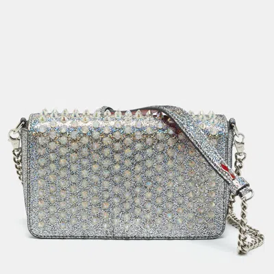 Pre-owned Christian Louboutin Silver Glitter Leather Zoom Spike Crossbody Bag