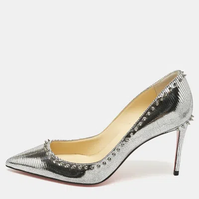 Pre-owned Christian Louboutin Silver Laminated Leather Anjalina Spike Pointed Toe Pumps Size 37