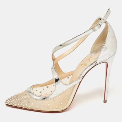 Pre-owned Christian Louboutin Silver Leather And Mesh Twistissima Strass Pumps Size 40.5